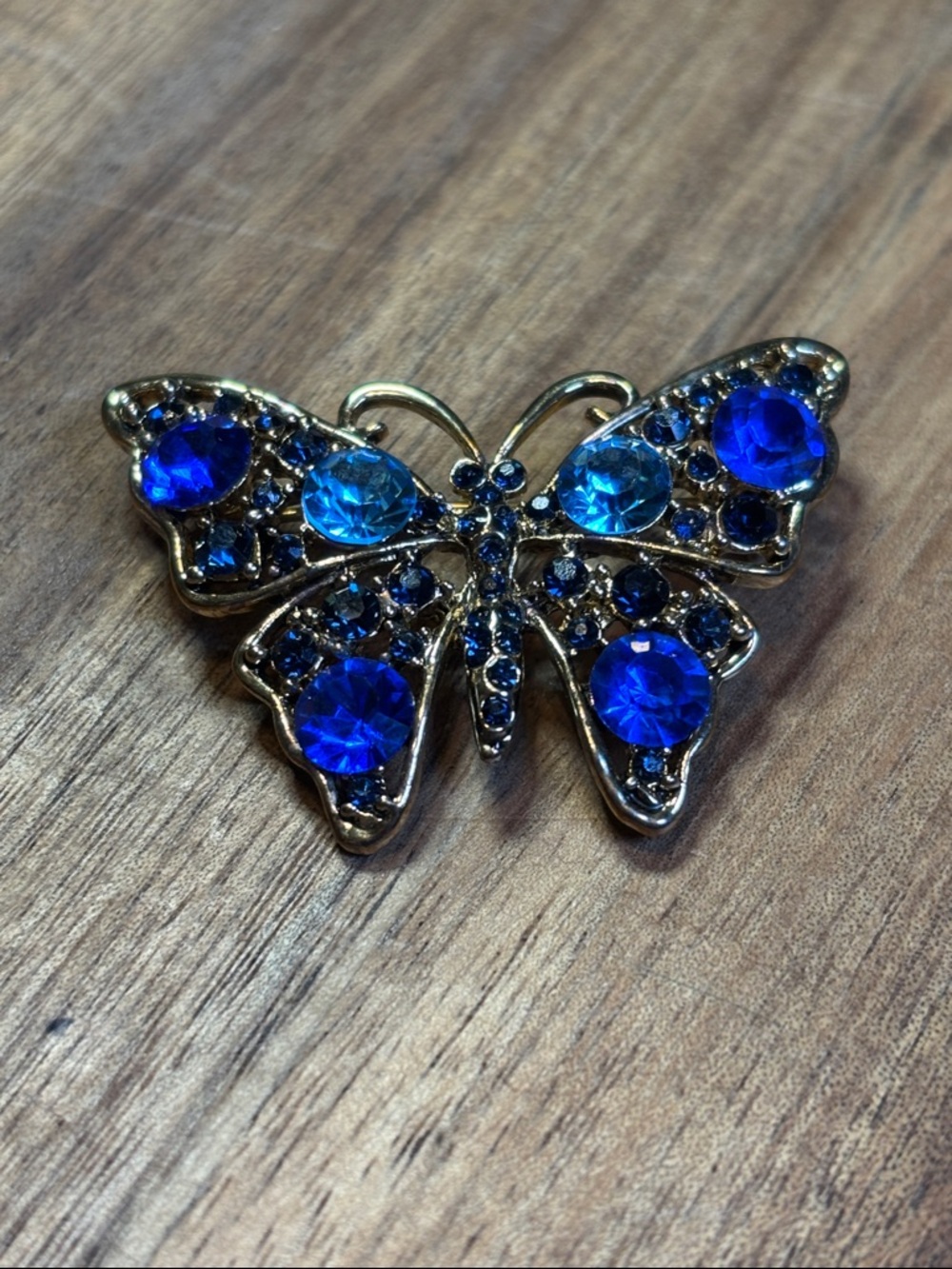 Blue Crystal Butterfly Brooch - Gold Tone